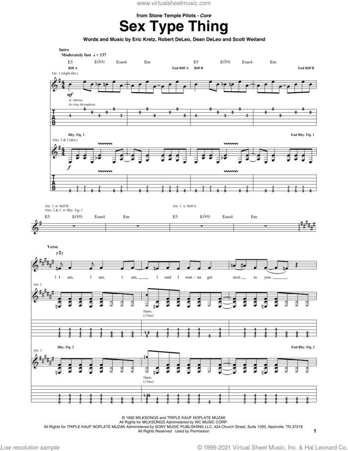 Sex Type Thing sheet music for guitar (tablature) by Stone Temple Pilots, Dean DeLeo, Eric Kretz, Robert DeLeo and Scott Weiland, intermediate skill level