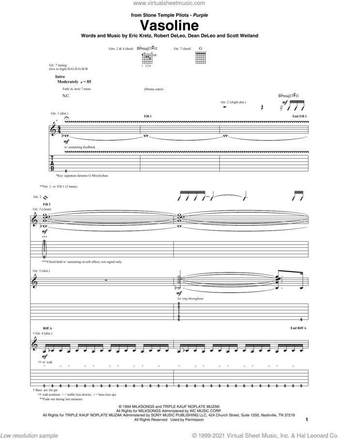 Vasoline sheet music for guitar (tablature) by Stone Temple Pilots, Dean DeLeo, Eric Kretz, Robert DeLeo and Scott Weiland, intermediate skill level