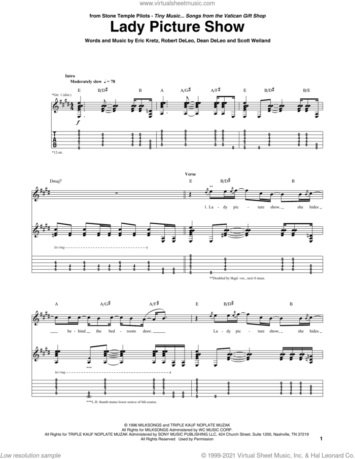Lady Picture Show sheet music for guitar (tablature) by Stone Temple Pilots, Dean DeLeo, Eric Kretz, Robert DeLeo and Scott Weiland, intermediate skill level