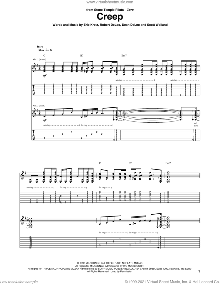 Creep sheet music for guitar (tablature) by Stone Temple Pilots, Dean DeLeo, Eric Kretz, Robert DeLeo and Scott Weiland, intermediate skill level