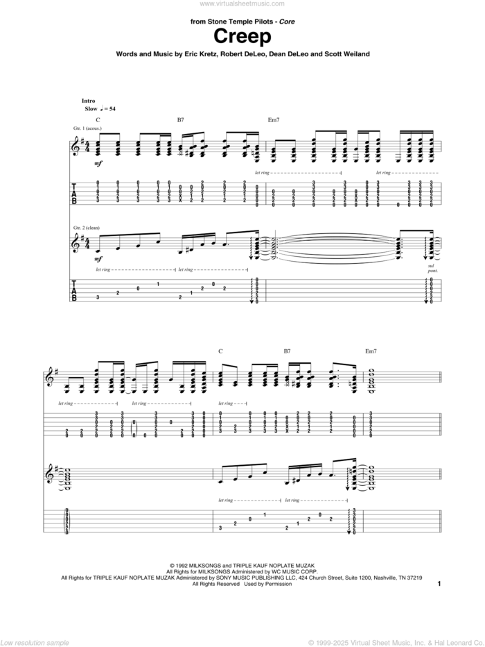 Creep sheet music for guitar (tablature) by Stone Temple Pilots, Dean DeLeo, Eric Kretz, Robert DeLeo and Scott Weiland, intermediate skill level