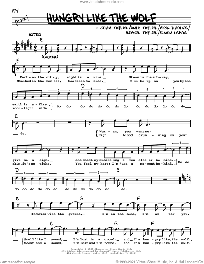 Hungry Like The Wolf sheet music for voice and other instruments (real book with lyrics) by Duran Duran, Andrew Taylor, John Taylor, Nick Rhodes, Roger Taylor and Simon LeBon, intermediate skill level