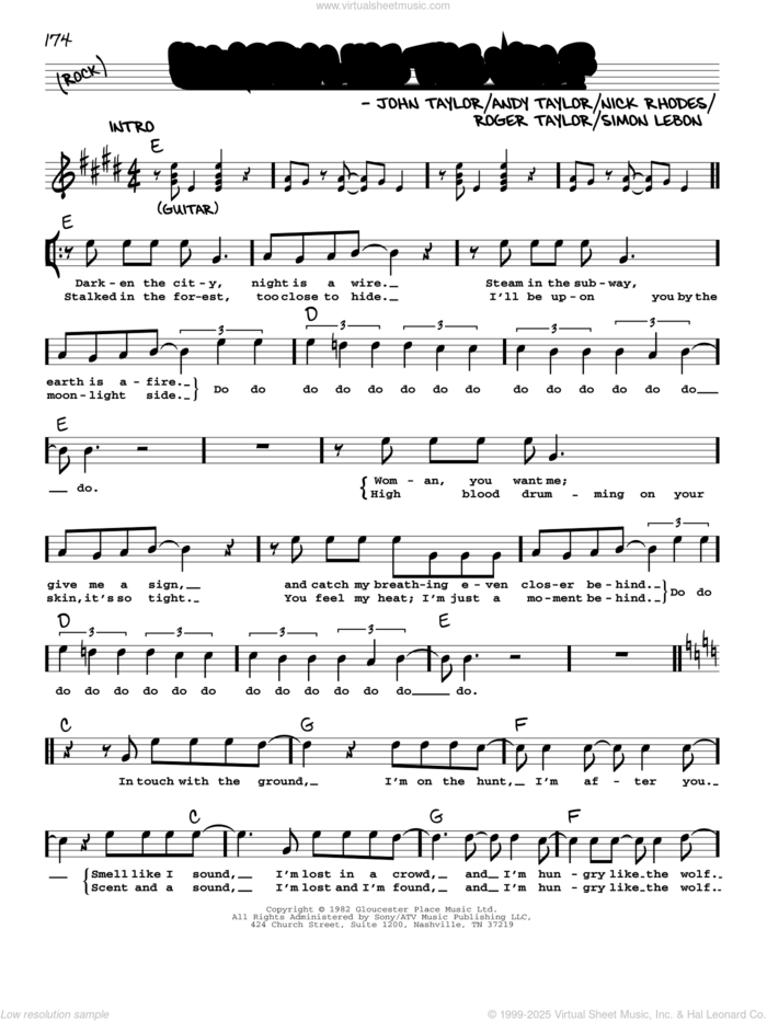 Hungry Like The Wolf sheet music for voice and other instruments (real book with lyrics) by Duran Duran, Andrew Taylor, John Taylor, Nick Rhodes, Roger Taylor and Simon LeBon, intermediate skill level