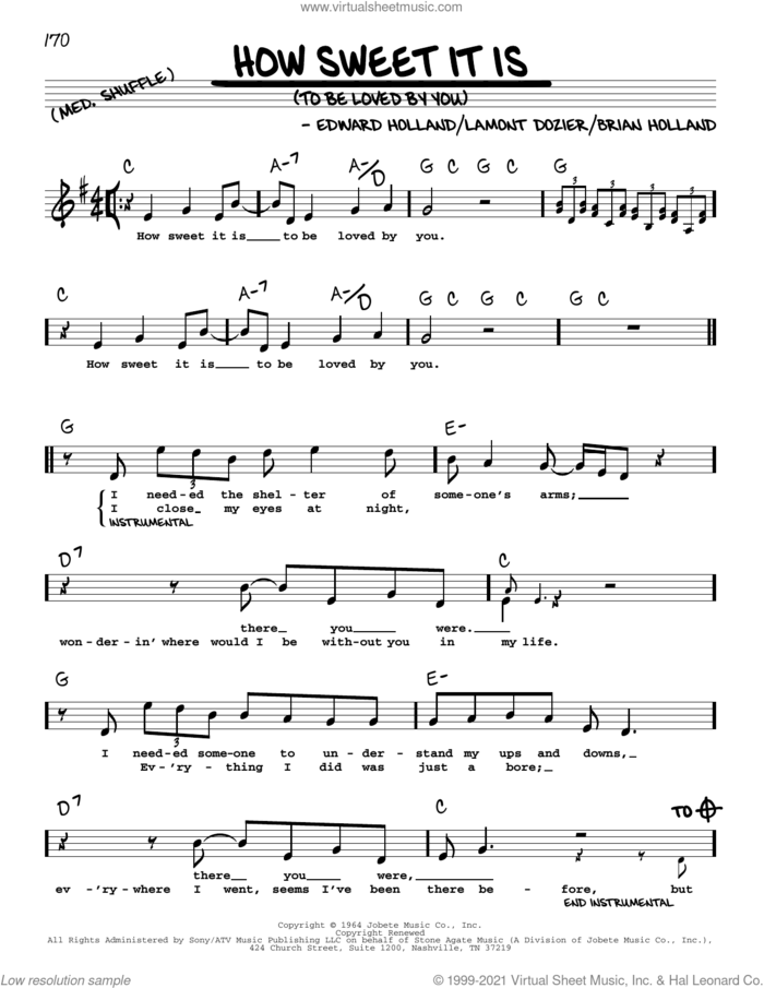 How Sweet It Is (To Be Loved By You) sheet music for voice and other instruments (real book with lyrics) by Marvin Gaye, James Taylor, Brian Holland, Eddie Holland and Lamont Dozier, intermediate skill level