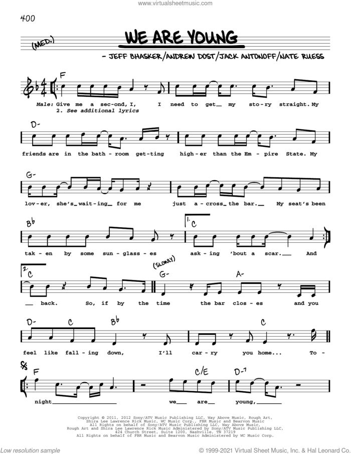 We Are Young (feat. Janelle Monae) sheet music for voice and other instruments (real book with lyrics) by Jeff Bhasker, Fun, Andrew Dost, Jack Antonoff and Nate Ruess, intermediate skill level