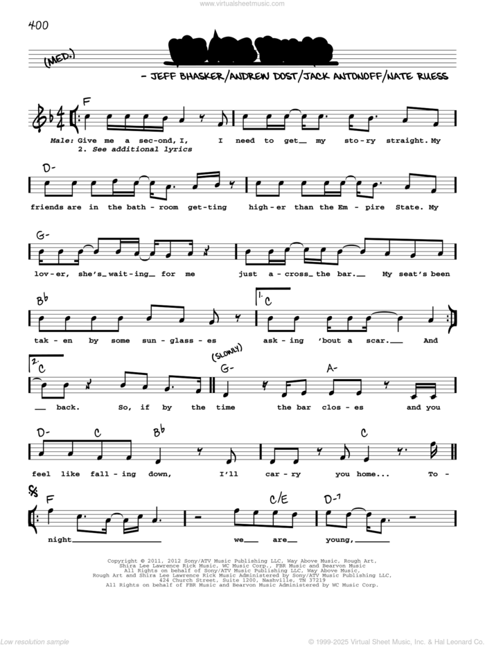 We Are Young (feat. Janelle Monae) sheet music for voice and other instruments (real book with lyrics) by Jeff Bhasker, Fun, Andrew Dost, Jack Antonoff and Nate Ruess, intermediate skill level