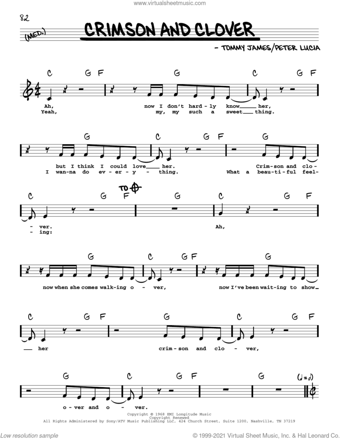 Crimson And Clover sheet music for voice and other instruments (real book with lyrics) by Tommy James & The Shondells, Joan Jett, Peter Lucia and Tommy James, intermediate skill level