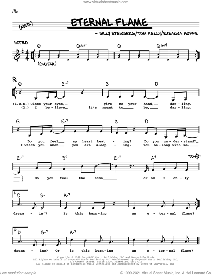 Eternal Flame sheet music for voice and other instruments (real book with lyrics) by The Bangles, Billy Steinberg, Susanna Hoffs and Tom Kelly, intermediate skill level