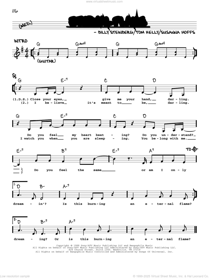 Eternal Flame sheet music for voice and other instruments (real book with lyrics) by The Bangles, Billy Steinberg, Susanna Hoffs and Tom Kelly, intermediate skill level