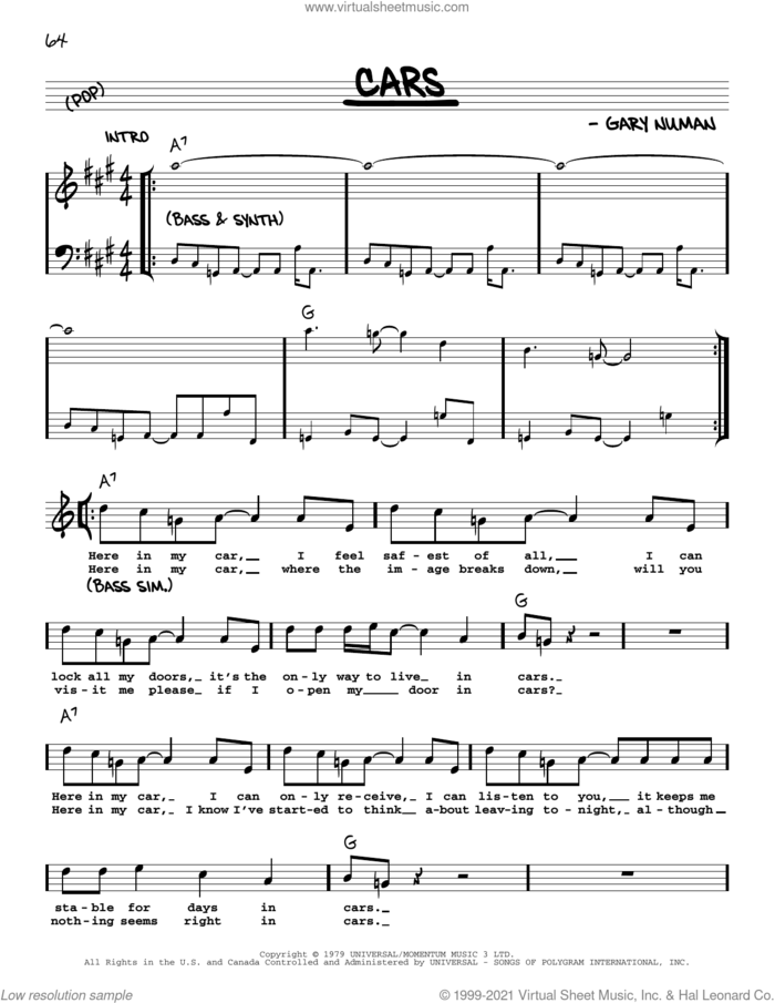 Cars sheet music for voice and other instruments (real book with lyrics) by Gary Numan, intermediate skill level