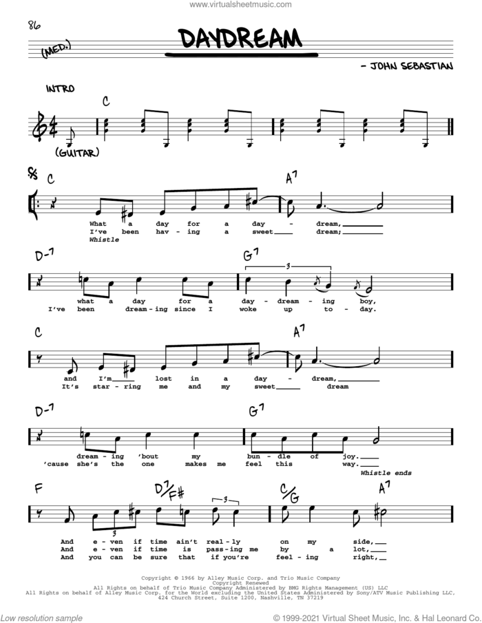 Daydream sheet music for voice and other instruments (real book with lyrics) by Lovin' Spoonful and John Sebastian, intermediate skill level