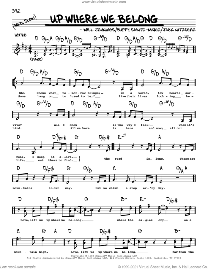 Up Where We Belong sheet music for voice and other instruments (real book with lyrics) by Joe Cocker & Jennifer Warnes, Buffy Sainte-Marie, Jack Nitzche and Will Jennings, intermediate skill level