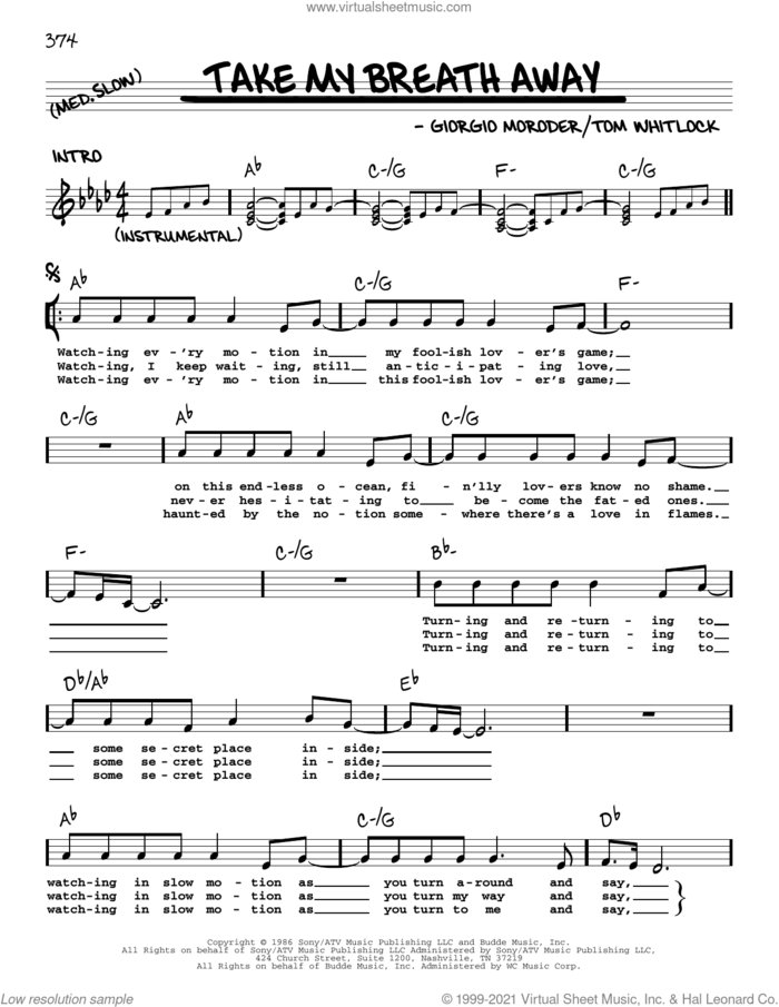 Take My Breath Away (Love Theme) sheet music for voice and other instruments (real book with lyrics) by Giorgio Moroder, Irving Berlin and Tom Whitlock, intermediate skill level