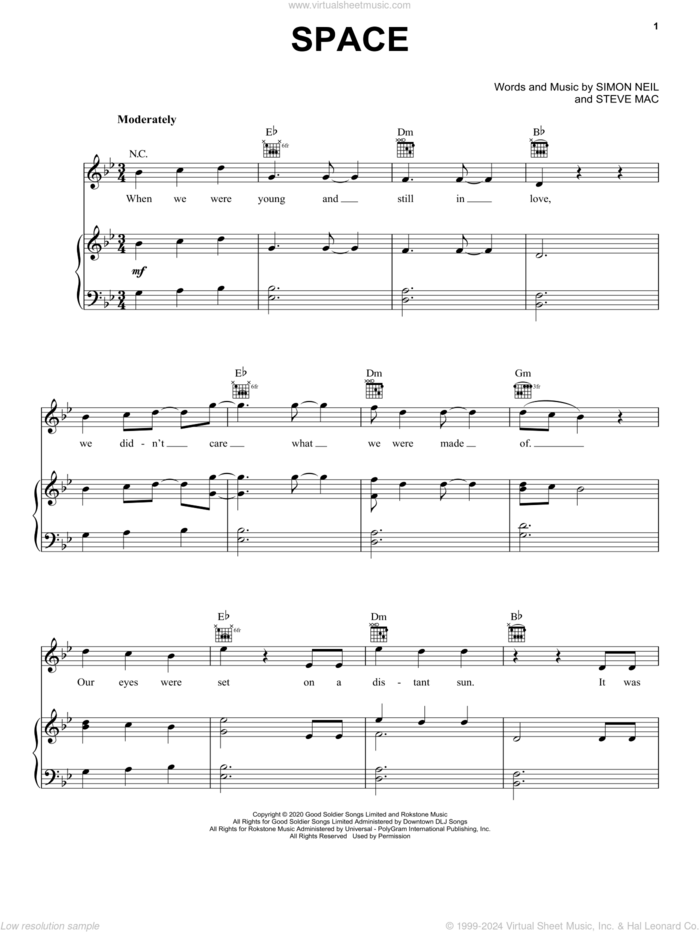 Space sheet music for voice, piano or guitar by Biffy Clyro, Simon Neil and Steve Mac, intermediate skill level