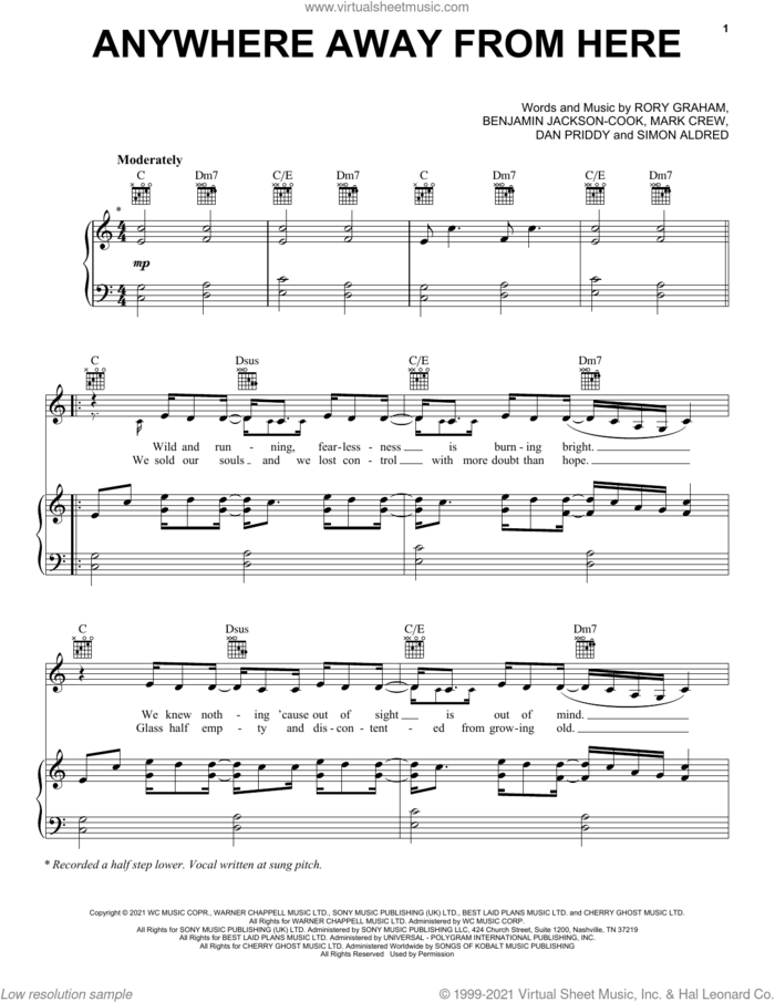 Anywhere Away From Here sheet music for voice, piano or guitar by Rag'n'Bone Man & P!nk, Benjamin Jackson-Cook, Dan Priddy, Mark Crew, Rory Graham and Simon Aldred, intermediate skill level