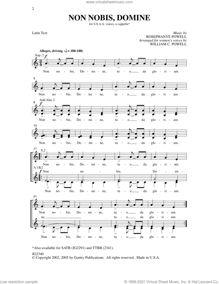 Non Nobis, Domine (arr. William C. Powell) sheet music for choir (SSAA: soprano, alto) by Rosephanye Powell and William C. Powell, intermediate skill level