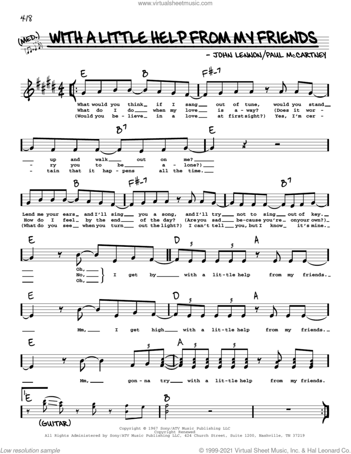 With A Little Help From My Friends sheet music for voice and other instruments (real book with lyrics) by The Beatles, Joe Cocker, John Lennon and Paul McCartney, intermediate skill level