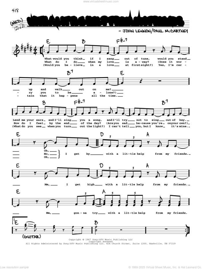 With A Little Help From My Friends sheet music for voice and other instruments (real book with lyrics) by The Beatles, Joe Cocker, John Lennon and Paul McCartney, intermediate skill level