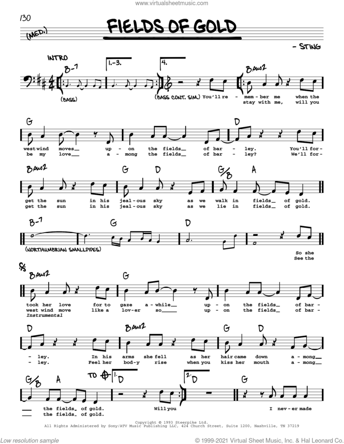 Fields Of Gold sheet music for voice and other instruments (real book with lyrics) by Sting, intermediate skill level