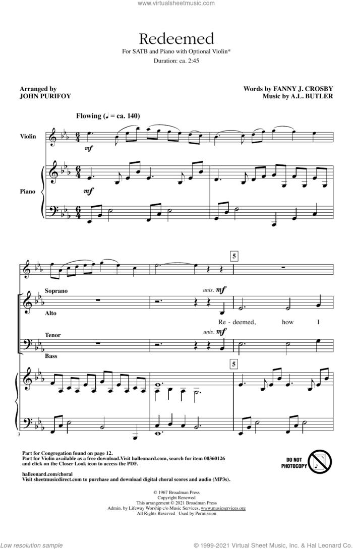 Redeemed (arr. John Purifoy) sheet music for choir (SATB: soprano, alto, tenor, bass) by A.L. Butler, John Purifoy and Fanny J. Crosby, intermediate skill level