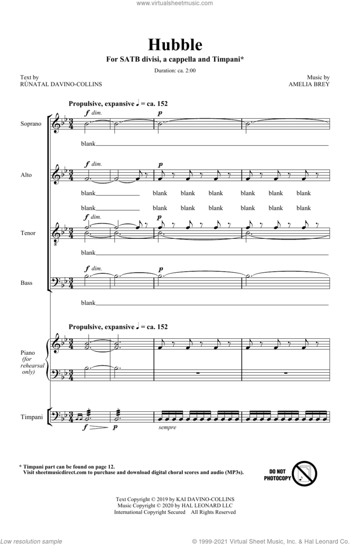Hubble sheet music for choir (SATB: soprano, alto, tenor, bass) by Amelia Brey, Runatal Davino and Runatal Davino-Collins, intermediate skill level