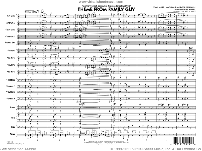 Theme from Family Guy (arr. Roger Holmes) (COMPLETE) sheet music for jazz band by Roger Holmes, David Zuckerman, Seth MacFarlane and Walter Murphy, intermediate skill level