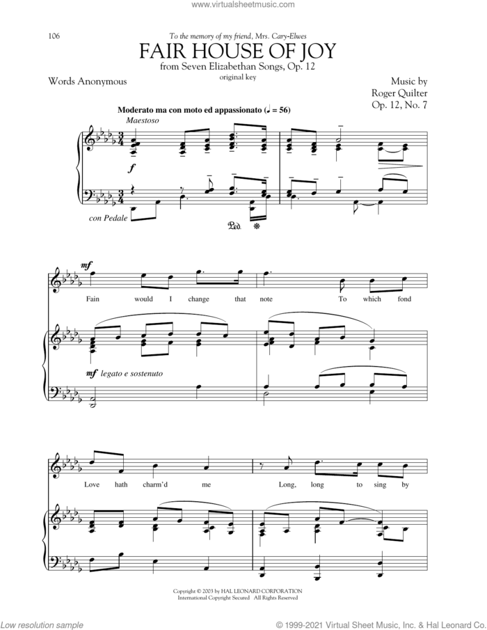 Fair House Of Joy sheet music for voice and piano (High Voice) by Roger Quilter and Richard Walters, intermediate skill level