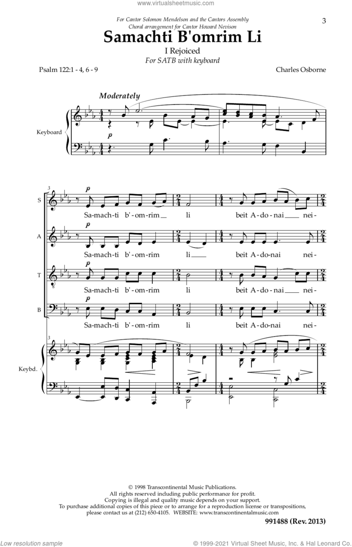 Samachti B'omrim Li sheet music for choir (SATB: soprano, alto, tenor, bass) by Charles Osborne, classical score, intermediate skill level