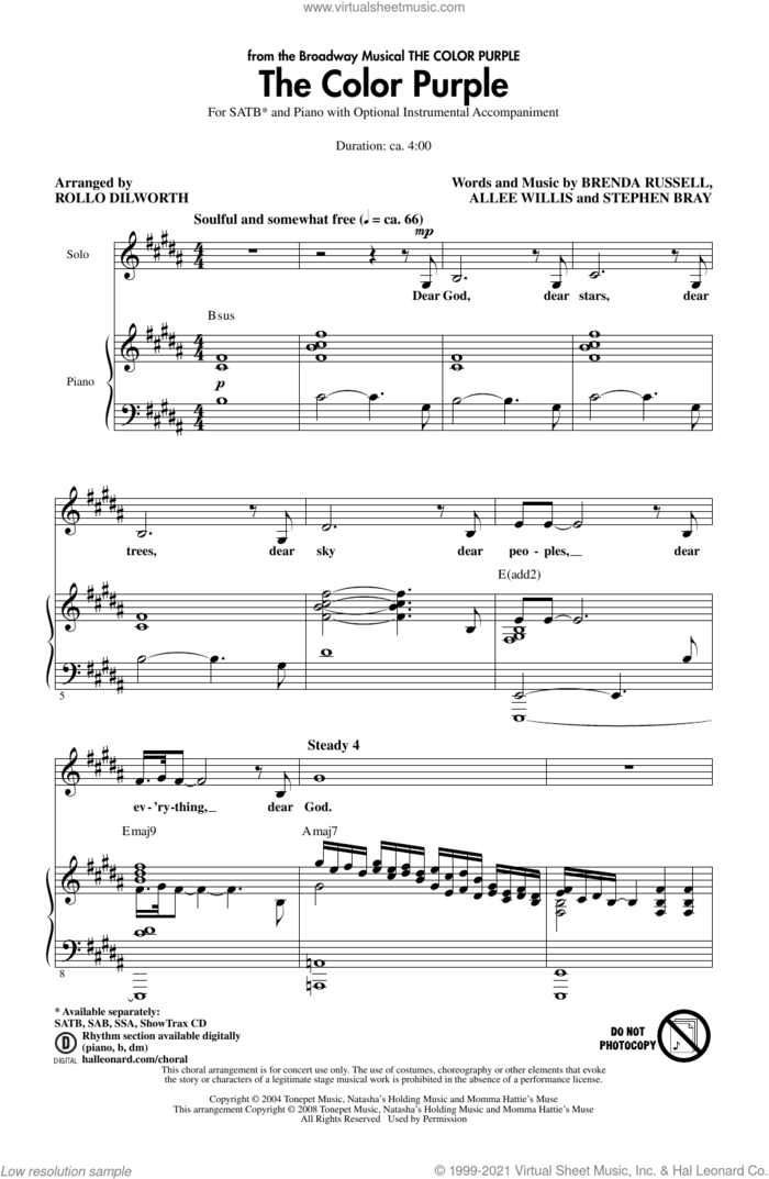 The Color Purple (arr. Rollo Dilworth) sheet music for choir (SATB: soprano, alto, tenor, bass) by Allee Willis, Rollo Dilworth, Brenda Russell and Stephen Bray, intermediate skill level