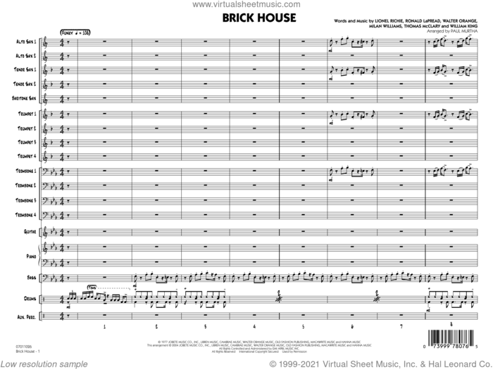 Brick House (arr. Paul Murtha) (COMPLETE) sheet music for jazz band by Paul Murtha, Lionel Richie, Milan Williams, Ronald LaPread, The Commodores, Thomas McClary, Walter Orange and William King, intermediate skill level