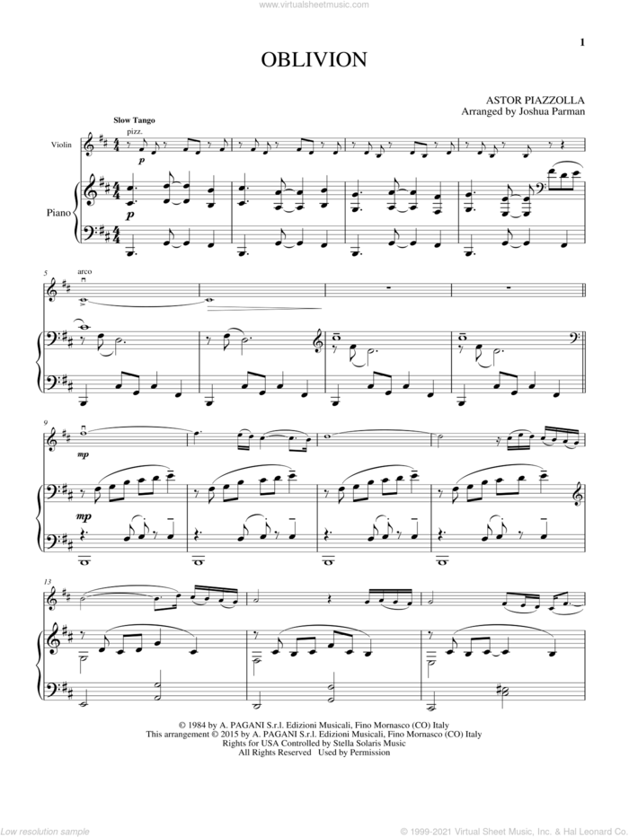 Oblivion sheet music for violin and piano by Astor Piazzolla, intermediate skill level