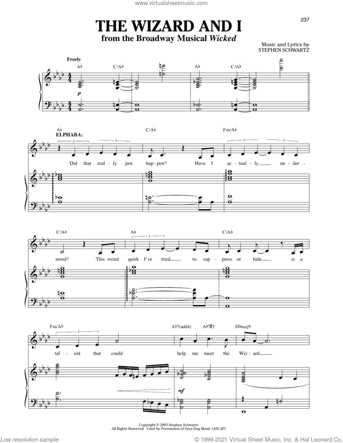 The Wizard And I (from Wicked) sheet music for voice and piano by Stephen Schwartz and Richard Walters, intermediate skill level