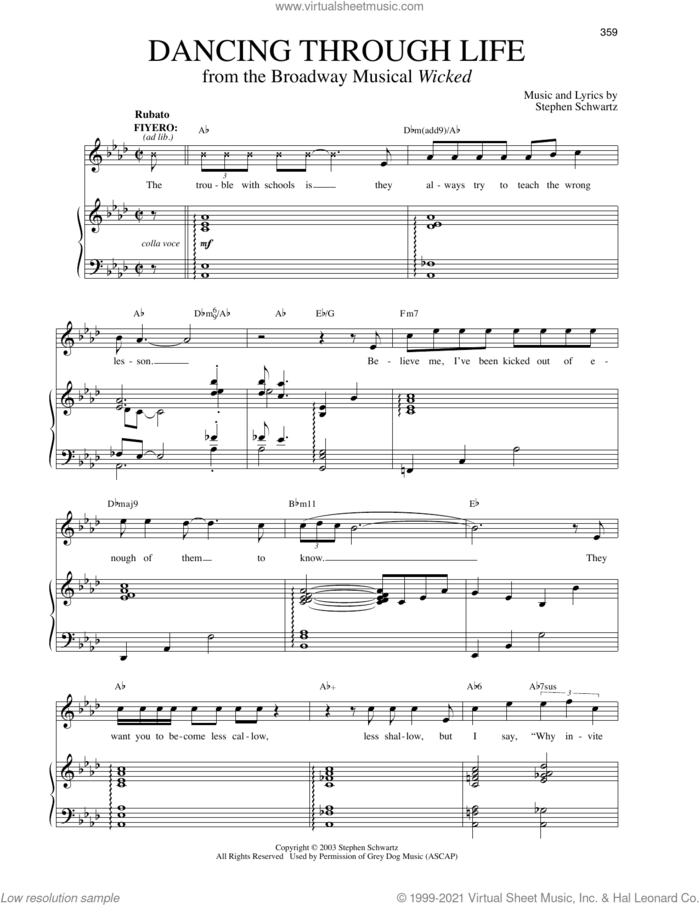 Dancing Through Life (from Wicked) sheet music for voice and piano by Stephen Schwartz, intermediate skill level