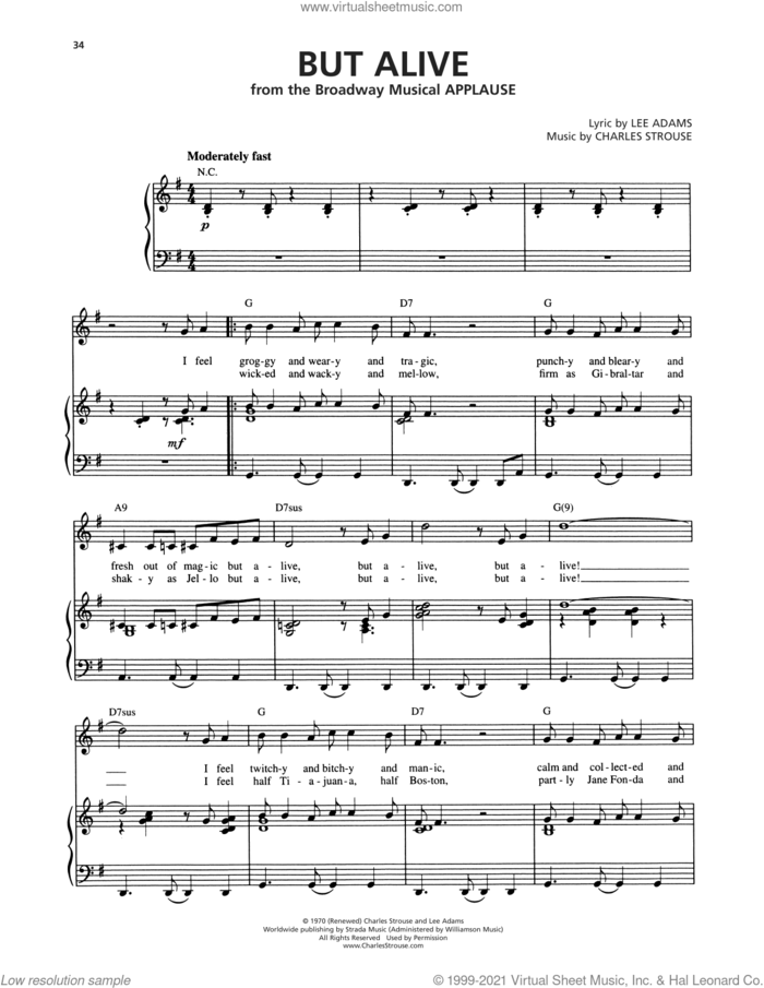 But Alive (from Applause) sheet music for voice, piano or guitar by Charles Strouse and Lee Adams, intermediate skill level