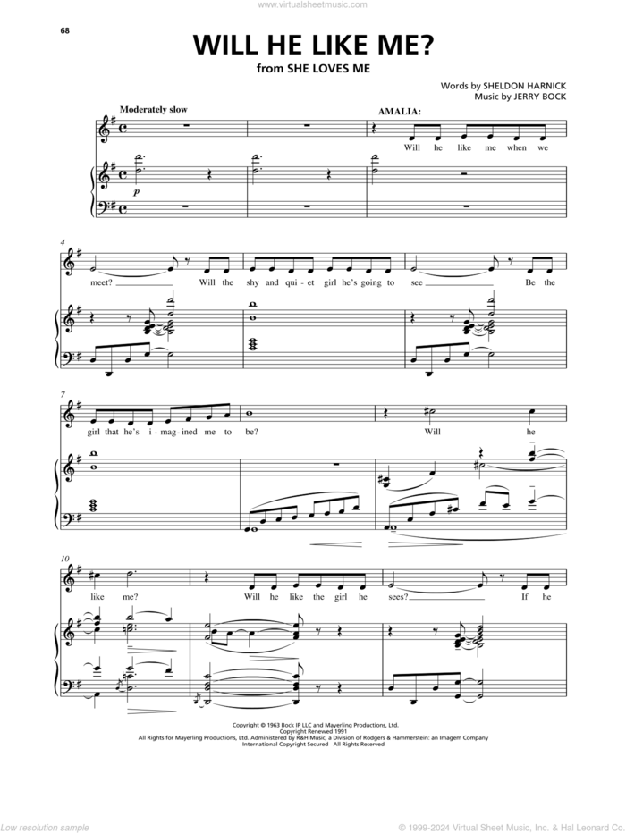 Will He Like Me? (from She Loves Me) sheet music for voice, piano or guitar by Jerry Bock, Bock & Harnick and Sheldon Harnick, intermediate skill level