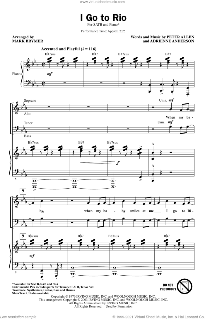 I Go To Rio (from The Boy From Oz) (arr. Mark Brymer) sheet music for choir (SATB: soprano, alto, tenor, bass) by Peter Allen, Mark Brymer, Adrienne Anderson and Peter Allen & Adrienne Anderson, intermediate skill level
