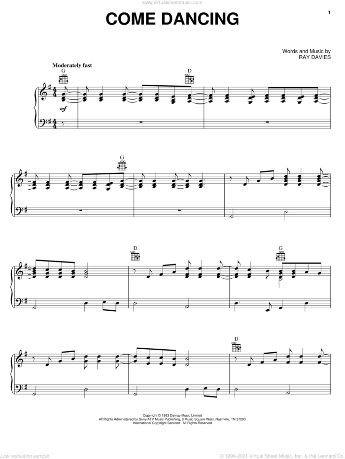 Come Dancing sheet music for voice, piano or guitar by The Kinks and Ray Davies, intermediate skill level