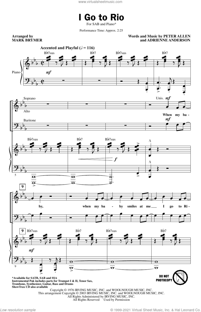I Go To Rio (from The Boy From Oz) (arr. Mark Brymer) sheet music for choir (SAB: soprano, alto, bass) by Peter Allen, Mark Brymer, Adrienne Anderson and Peter Allen & Adrienne Anderson, intermediate skill level