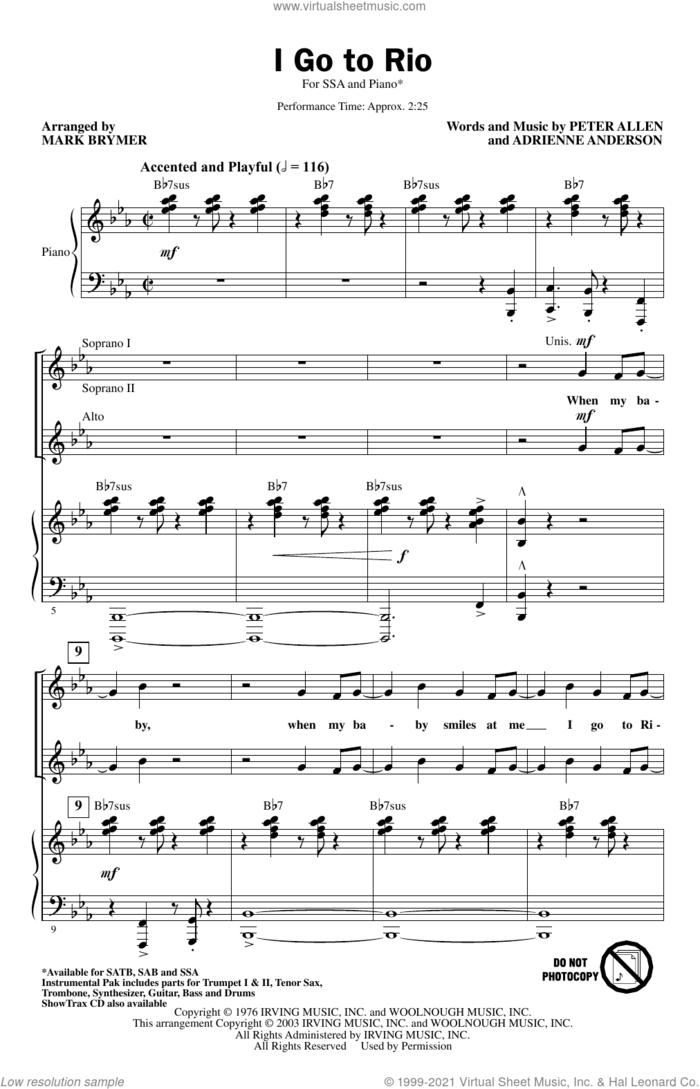I Go To Rio (from The Boy From Oz) (arr. Mark Brymer) sheet music for choir (SSA: soprano, alto) by Peter Allen, Mark Brymer, Adrienne Anderson and Peter Allen & Adrienne Anderson, intermediate skill level
