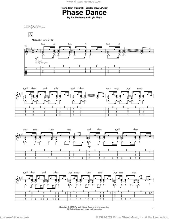 Phase Dance sheet music for guitar (tablature) by John Pizzarelli, Lyle Mays and Pat Metheny, intermediate skill level