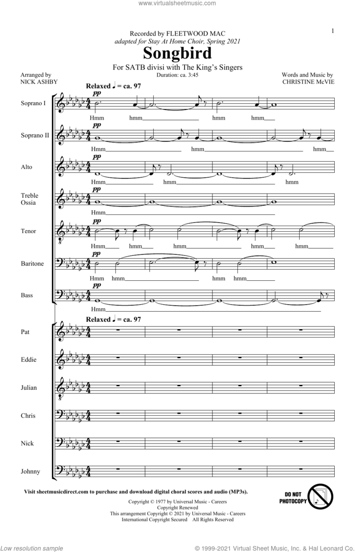 Songbird (arr. Nick Ashby) sheet music for choir (SATB: soprano, alto, tenor, bass) by The King's Singers, Nick Ashby, Fleetwood Mac and Christine McVie, intermediate skill level