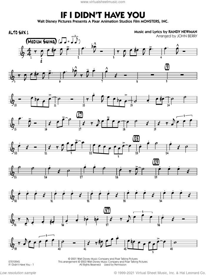 If I Didn't Have You (arr. John Berry) sheet music for jazz band (alto sax 1) by Randy Newman and John Berry, intermediate skill level