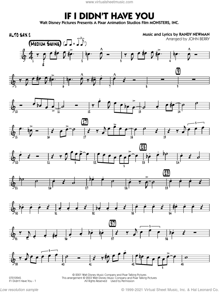 If I Didn't Have You (arr. John Berry) sheet music for jazz band (alto sax 2) by Randy Newman and John Berry, intermediate skill level