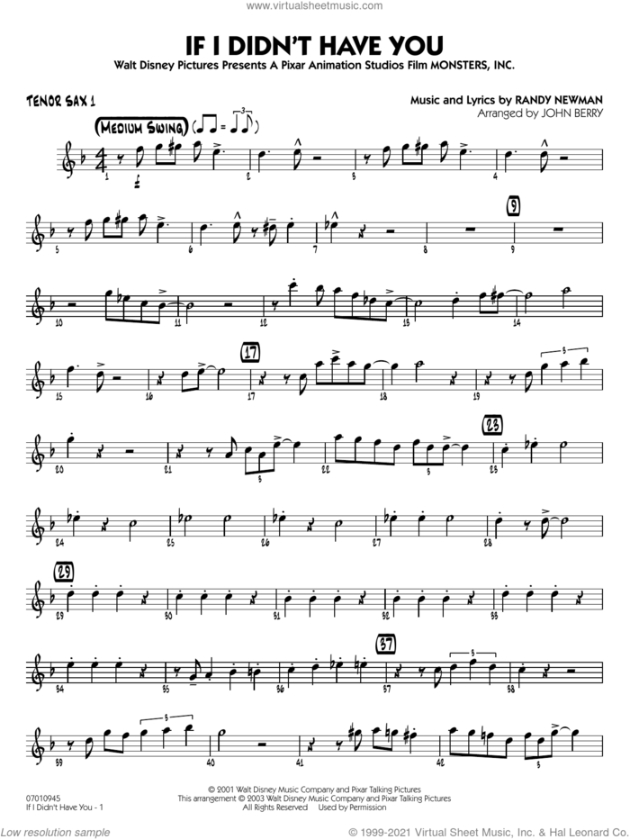 If I Didn't Have You (arr. John Berry) sheet music for jazz band (tenor sax 1) by Randy Newman and John Berry, intermediate skill level