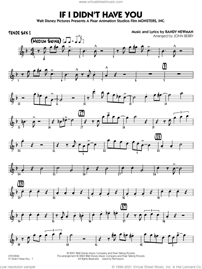 If I Didn't Have You (arr. John Berry) sheet music for jazz band (tenor sax 2) by Randy Newman and John Berry, intermediate skill level