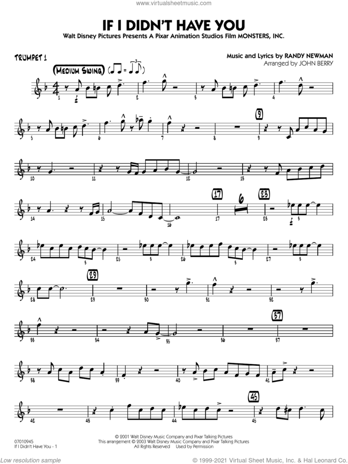 If I Didn't Have You (arr. John Berry) sheet music for jazz band (trumpet 1) by Randy Newman and John Berry, intermediate skill level