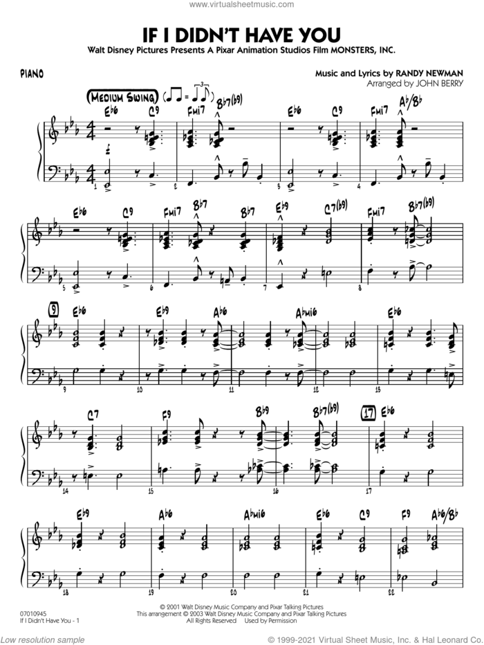 If I Didn't Have You (arr. John Berry) sheet music for jazz band (piano) by Randy Newman and John Berry, intermediate skill level