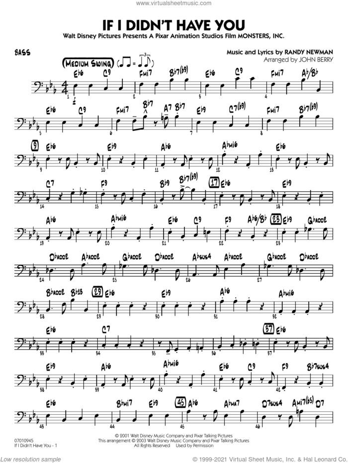 If I Didn't Have You (arr. John Berry) sheet music for jazz band (bass) by Randy Newman and John Berry, intermediate skill level