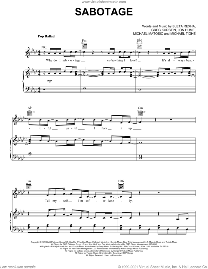 Sabotage sheet music for voice, piano or guitar by Bebe Rexha, Bleta Rexha, Greg Kurstin, Jon Hume, Michael Matosic and Michael Tighe, intermediate skill level