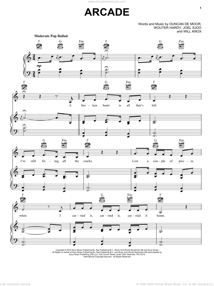 Arcade sheet music for voice, piano or guitar by Duncan Laurence, Duncan De Moor, Joel Sjoo, Will Knox and Wouter Hardy, intermediate skill level
